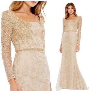 Mac Duggal NEW Sz 18 Gold Embroidered Lace Applique Shoulder Trumpet Gown 11187